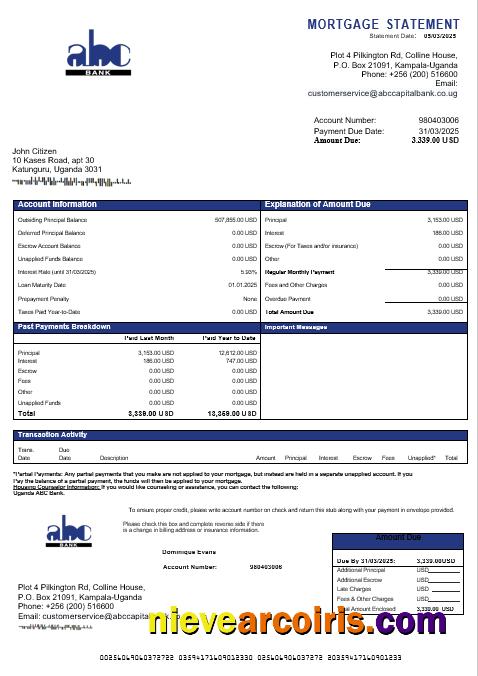 Uganda ABC Bank of Uganda mortgage statement